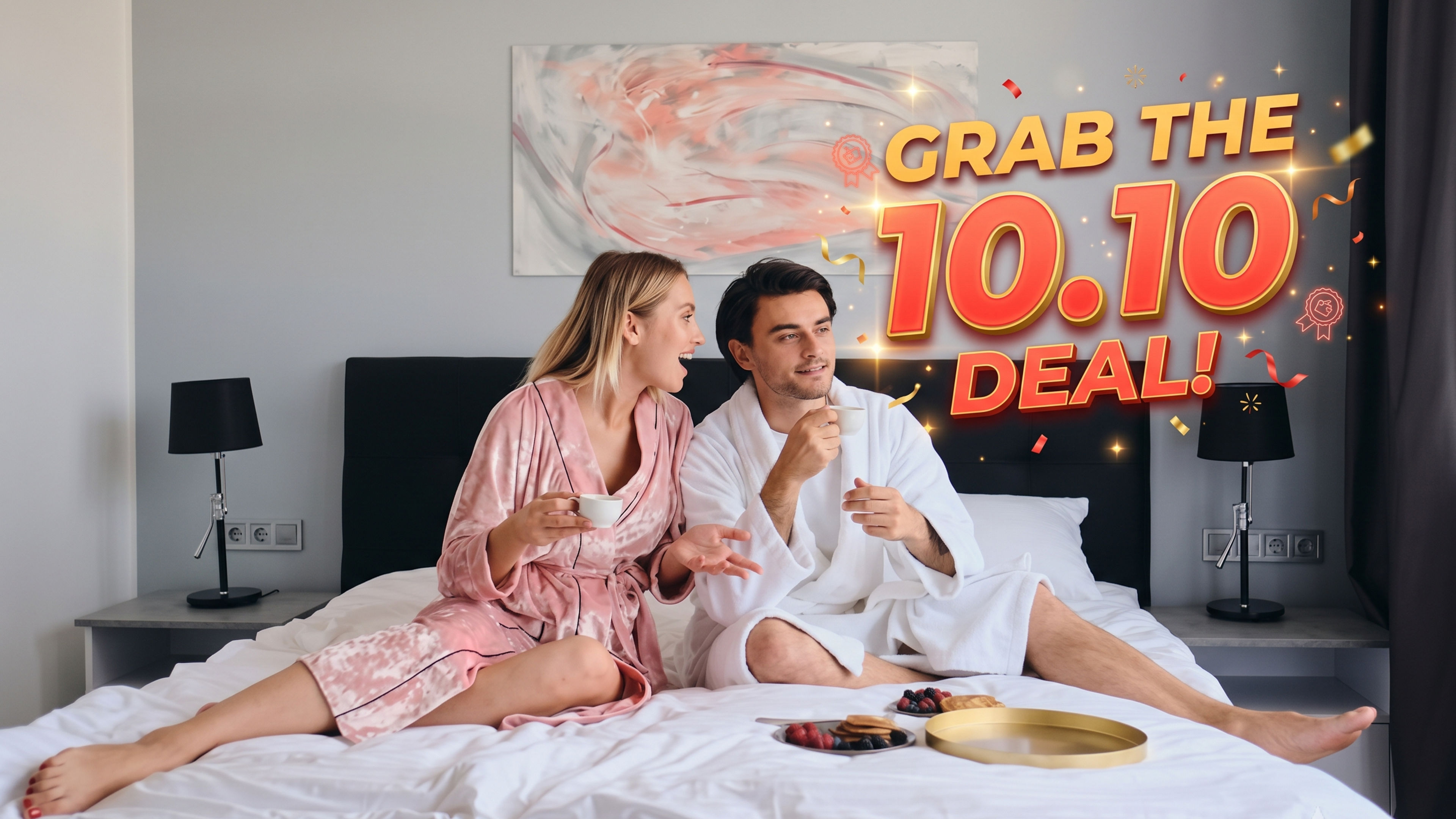 Couple in Robes Enjoys Breakfast in Bed